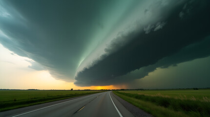 Dramatic Shelf Cloud Supercell Storm Road Landscape Sunset