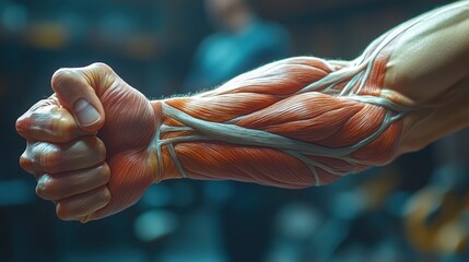 Forearm flexor muscles during wrist curl, vintage gym lighting, warm color temperature highlighting skin tone