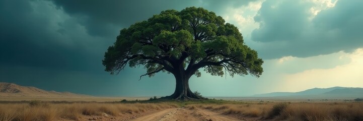 Large tree stands defiantly under deluge in deserted lot, water, wet