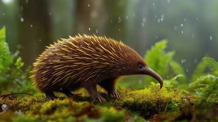 Close-up of an Attenborough&rsquo;s long-beaked echidna in a lush rainforest