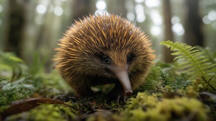 Close-up of an Attenborough’s long-beaked echidna in lush rainforest