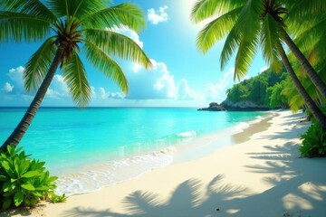 Obraz premium Sun-drenched beach, turquoise water, lush greenery , beach, vegetation