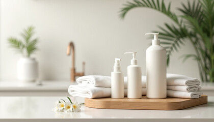 Minimalist skincare products on wooden tray with white towels