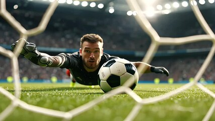 Soccer goalkeeper diving to make a crucial save during a match