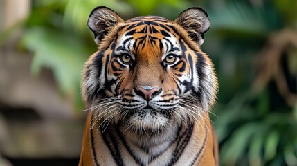 Fototapeta premium Majestic Close-up of a Tiger in a Lush Green Environment