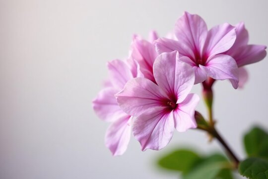 Delicate lilac petals on a light background of Royal Pelargonium Archie Pope branch, flower closeup, botanical garden, botanical