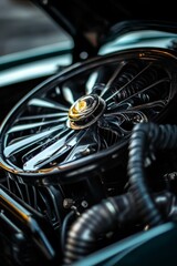 Obraz premium Chrome wheel gleaming engine detailing shiny reflections metallic elements.