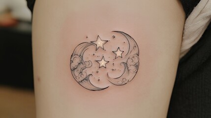Intricate Moon and Star Tattoo Design on Skin Background