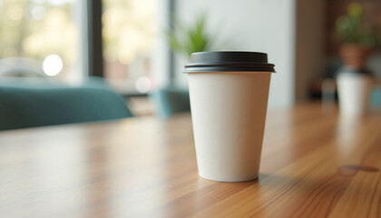 Coffee cup on wooden table in cafe setting