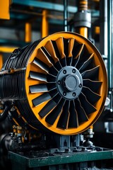 Fototapeta premium Yellow industrial turbine machinery with rotating blades prominent.