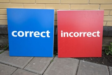 Obraz premium Two boards: one with a bold, vibrant correct word and the other with a similar, incorrect word, set against a bright, educational background.