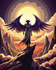 A dark angel, with massive, tattered, feathered wings, stands in shadow, a brooding expression on their face.  Detailed, dramatic lighting.