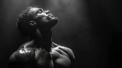 Fototapeta premium Oblique muscle definition during twist motion, rim lighting outlining muscle shape, dark atmospheric background