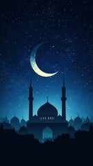 Islamic illustration of a crescent moon behind a mosque silhouette with a night sky background. Use a dark blue color for the overall design