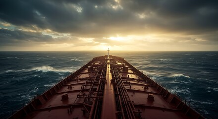 A large tanker ship navigates a stormy ocean, large waves breaking around its bow. A distant industrial coastline is visible under a dramatic, dark sky