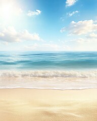 Sunny beach, ocean waves, clear sky, summer vacation backdrop
