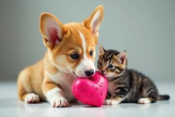 Obraz premium Corgi puppy plays gently with kitten, heart toy , small, companion, cat