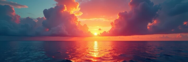 Fiery sunrise bursts over tranquil sea; clouds ablaze with color, clouds, ocean, fire