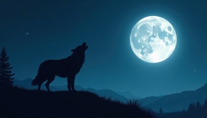 Lone wolf silhouetted against a full moon, howling , mountains, wilderness
