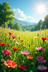 Sun-drenched meadow, vibrant wildflowers blooming , blooming, meadow