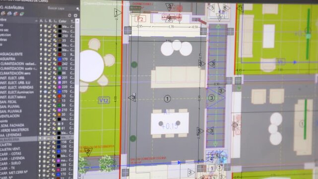 Detailed digital architectural plan displayed on a computer screen, showing structural elements, electrical layouts, and landscape design. The image highlights the use of CAD software in modern archit
