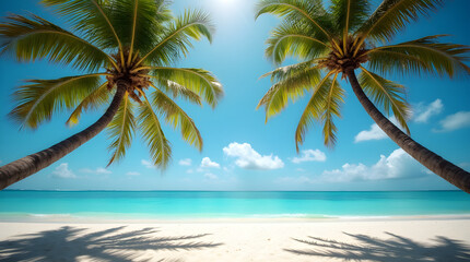 Stunning Tropical Beach Palm Trees White Sand Blue Ocean Sunny Paradise