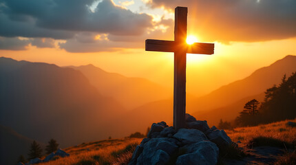 Golden Hour Sunset Christian Cross Mountain Landscape Photography