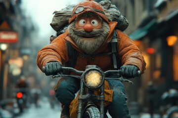 Character rides bicycle through snowy city streets wearing orange jacket and carrying backpack in winter time