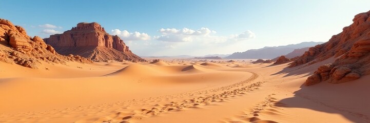 Fototapeta premium Sandy dunes stretching towards rocky outcrops, rocky terrain, rock formations