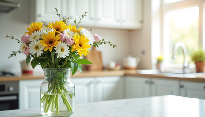 Colorful flower bouquet in kitchen vase