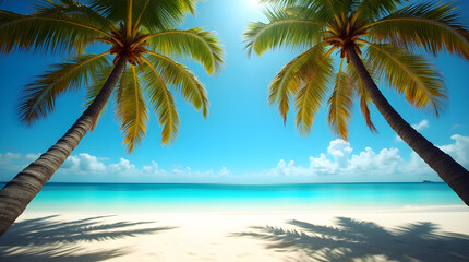 Relaxing Tropical Beach Scene Palm Trees White Sand Turquoise Ocean Bright Blue Sky Palm Tree Shadows Ideal Summer Coastal Holiday