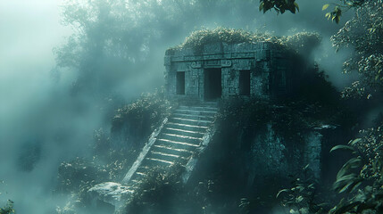 Obraz premium Mysterious Ancient Ruins Hidden In Misty Jungle