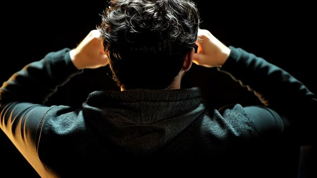 Dark lit room revealing anonymous male figure from back, hooded silhouette suggesting mysterious urban mood cyber risk video 4k