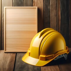 Construction helmet resting on aged wood table with left side clear for Labor Day tribute message design