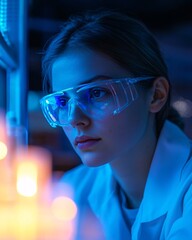 Laboratory experiment researcher analyzing data in science lab nighttime close-up view