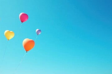 Heart-shaped balloons ascend against a vibrant azure sky, symbolizing dreams taking flight and aspirations soaring high.