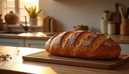 Freshly baked bread loaf on wooden cutting board in cozy kitchen