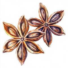 Two Star Anise seeds watercolor botanical illustration. Badian with delicate spicy aroma. Winter seasoning for decoration of menu, spice stores, Christmas 