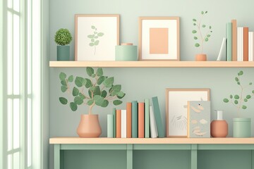 Elegant Green Office Backdrop With Potted Plants, Shelves, And Art Displays Enhancing Virtual Presentations In A Calm Atmosphere