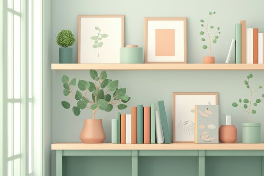 Elegant Green Office Backdrop With Potted Plants, Shelves, And Art Displays Enhancing Virtual Presentations In A Calm Atmosphere
