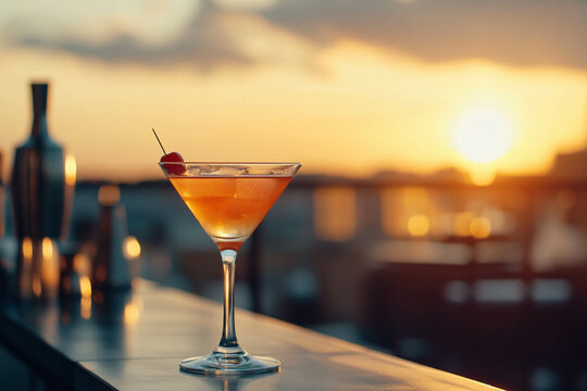 	
Close-up of a fancy cocktail at the rooftop bar with sunset in the background.	