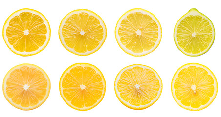 Obraz premium Collection of various a fresh Eureka lemon slice with vibrant yellow skin, sliced open to reveal juicy flesh isolated on white transparent background PNG set