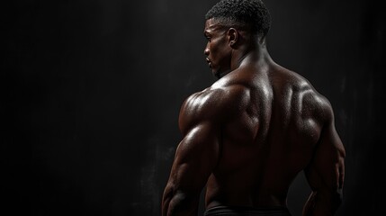 Lower back muscle definition during extension, dramatic rim lighting, dark gradient background