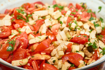 Fresh tomatoes, eggplant, dill, parsley, onion and carrot for soup, goulash