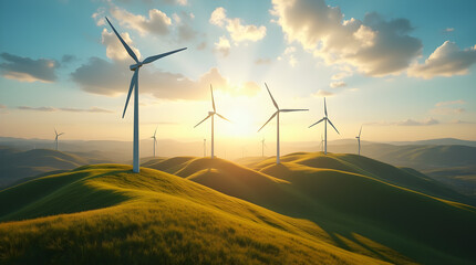Scenic Sunset Wind Farm on Green Hills Renewable Energy and Sustainable Power Source