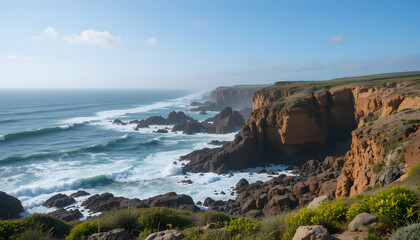 Coastal Rocky Cliffs And Waves Panorama View