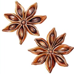 Two Star Anise seeds watercolor botanical illustration. Badian with delicate spicy aroma. Winter seasoning for decoration of menu, spice stores, Christmas  