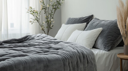 Obraz premium Comfort and Relaxation Weighted Blanket: A weighted blanket on the bed can promote relaxation and better sleep. 
