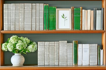 Elegant Green And White Bookcase With Floral Arrangement, Cozy Home Office Backdrop, Perfect For Online Presentations In Tranquil Setting