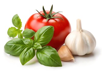 Fresh tomato, basil, and garlic. Ingredients for Italian cooking.